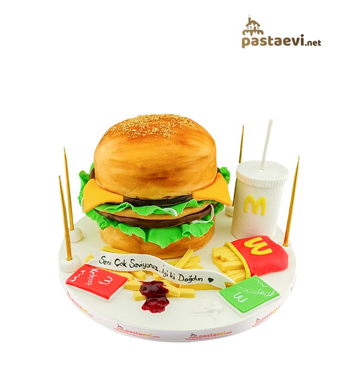 hamburger, butik pasta, yemek konseptli pasta, doğum günü